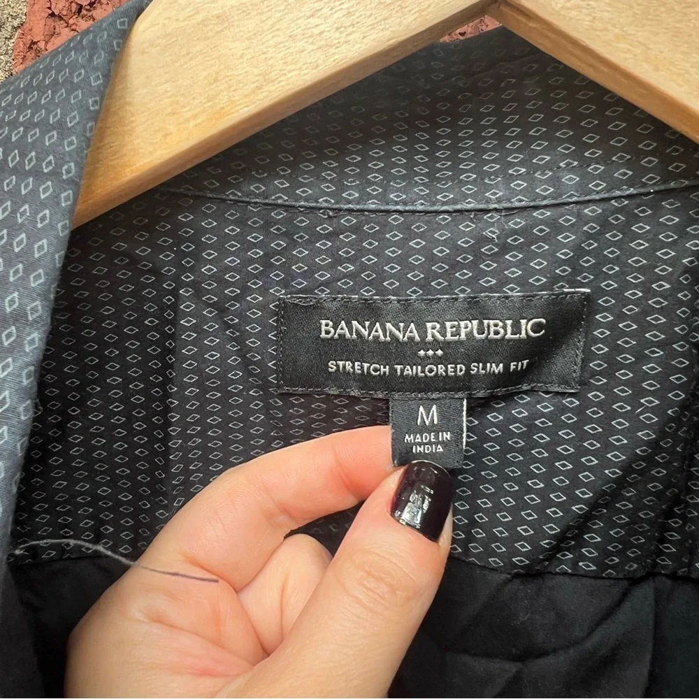 Banana Republic Black and Gray Diamond Patterned Stretch Tailored Slim Fit Shirt